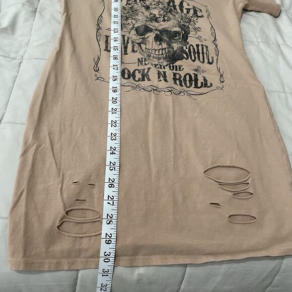 Fashion Nova Mini Dress Small Mocha Tan Distressed T Shirt Rock N Roll Concert - Picture 5 of 7